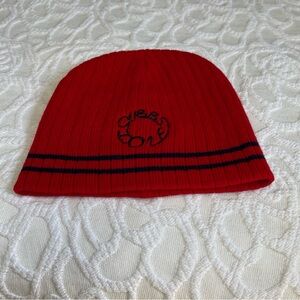 Red Beanie Hat Unisex CUBBS HOLE Embroidery with Black Stripes Hat One Size Used